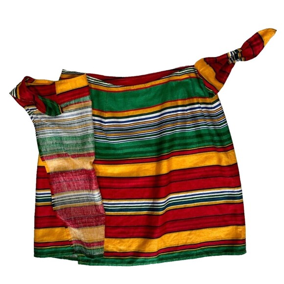 Vintage Eddie Bauer Wrap Mini Skirt Linen Red Orange Green Stripe Size 4 Western - Picture 6 of 13